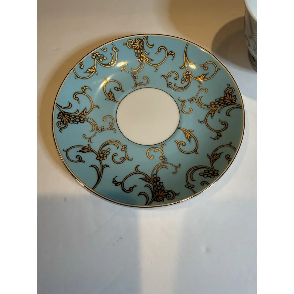 Grace Teaware Turquoise & Gold Scroll Teacup and Saucer